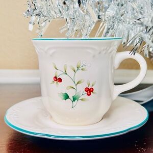 Vintage Pfaltzgraff Winterberry Cup & Saucer Set, Green Trim, Holiday Stoneware